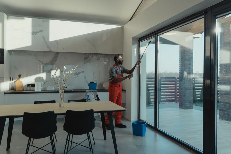 Personne en combinaison de protection désinfectant une table blanche à l’intérieur à l’aide d’un pulvérisateur.