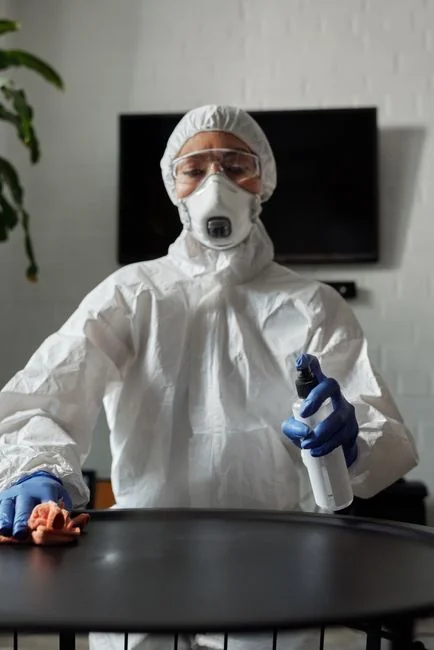 Person in PPE disinfecting indoor window area during COVID-19 pandemic.